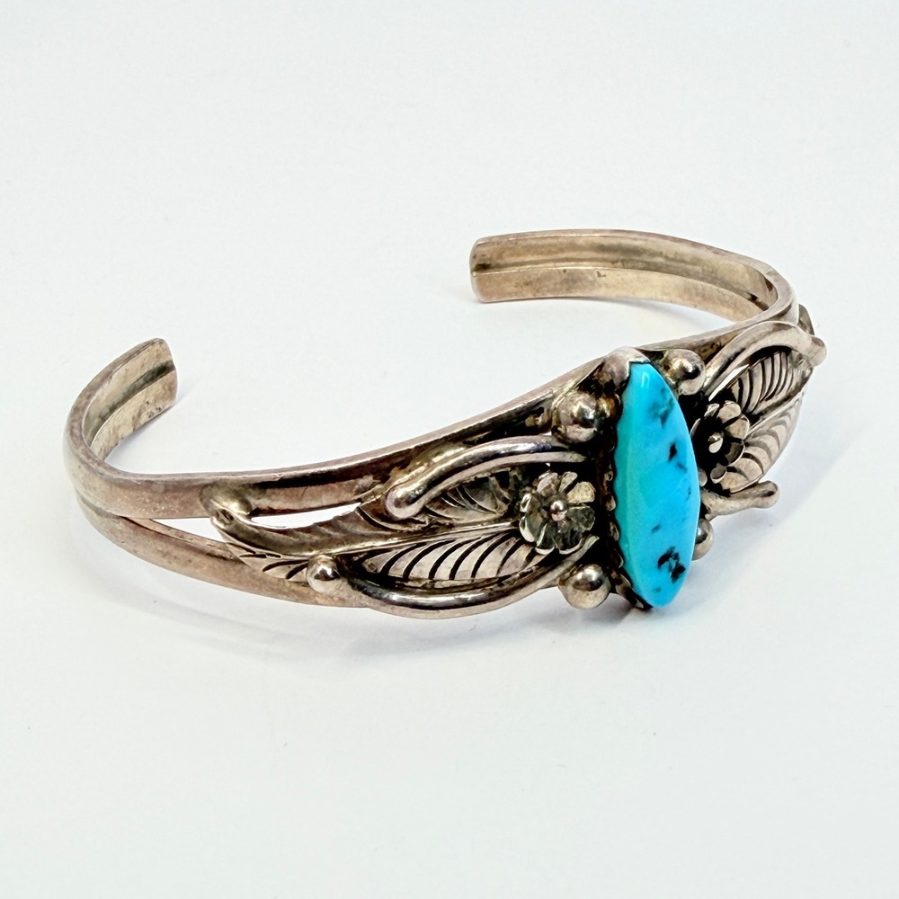 Vintage Southwestern Sterling Silver Blue Turquoise Floral Leaf Cuff Bracelet